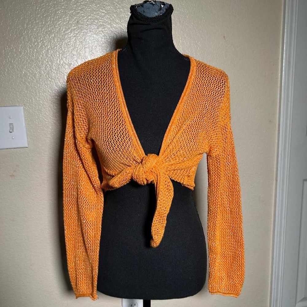 Future Collective Alani Noelle Orange Crochet Tie Front Shrug Cardigan Small
